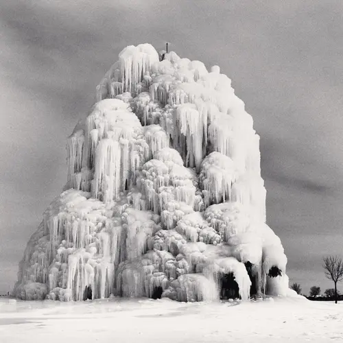 A black and white image of a fountain frozen over with ice frozen into formations that look like gushing water.
