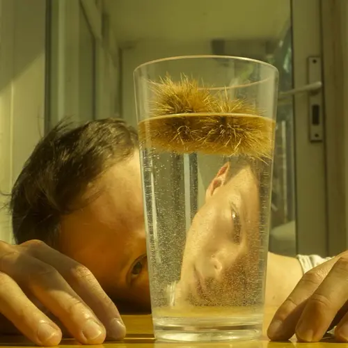 A photograph of a glass on the table with face behind it.