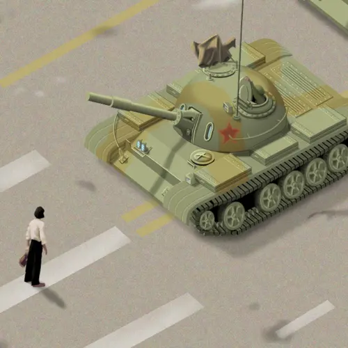 Digital render image of a man facing a tank