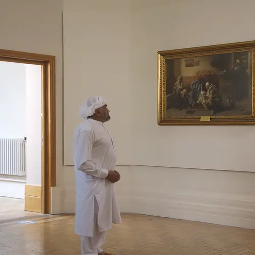 A man in a turban looks up at a painting 