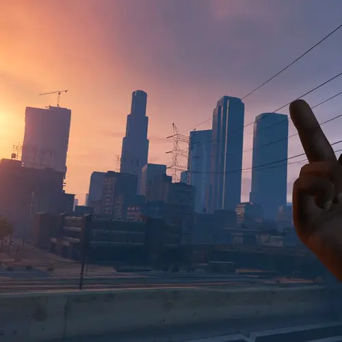 Image taken in a video game of the main character is with his hand and middle finger raised