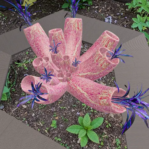 A virtual tubular pink plant sits in real soil
