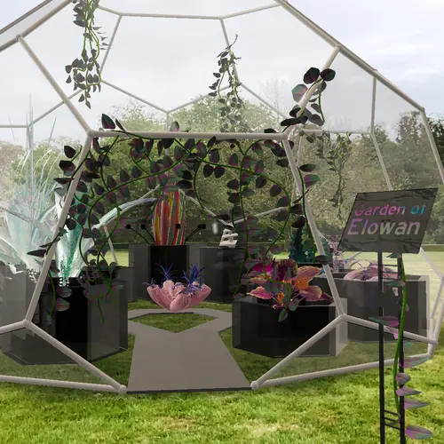 An augmented reality greenhouse appears in a real green space