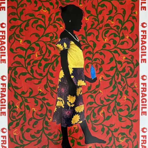 An image of a figure which has been blanked out in black to seem  as if they are in shadow stood in front of a patterned backdrop which is surrounded by tape reading 'FRAGILE'.