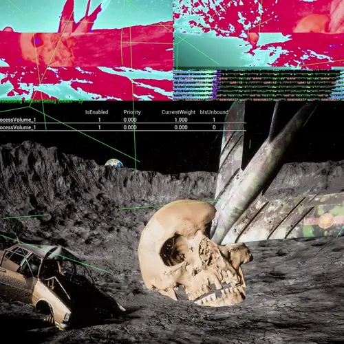 A collage featuring a human skull, a crater, a car crash and glitched screen graphics