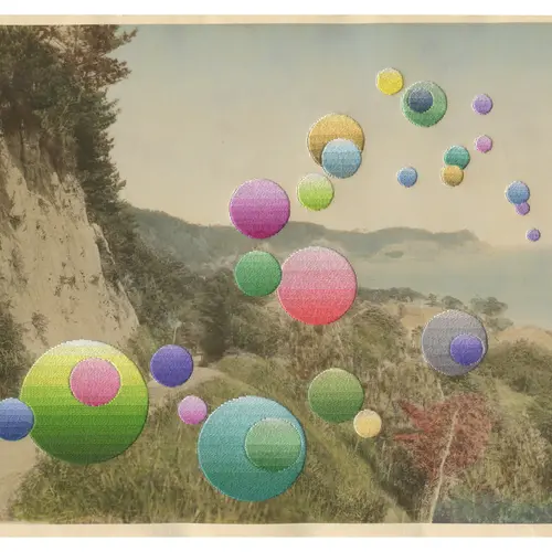 Vintage image of bay in Japan, embroidered with coloured circles