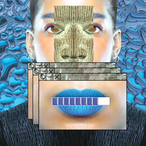 The features of a woman's face against a blue patterned background are replaced by small computer windows picturing different features