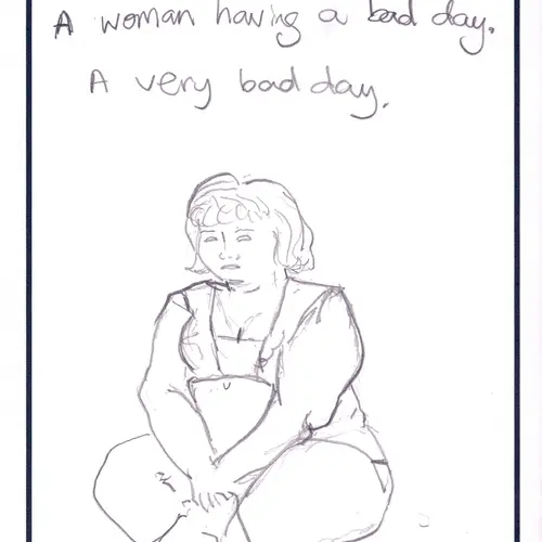 Postcard with drawing of woman sitting cross-legged and text.