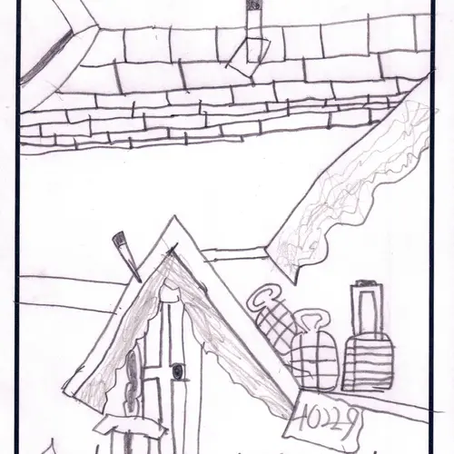 Postcard with drawing of a house hotel.