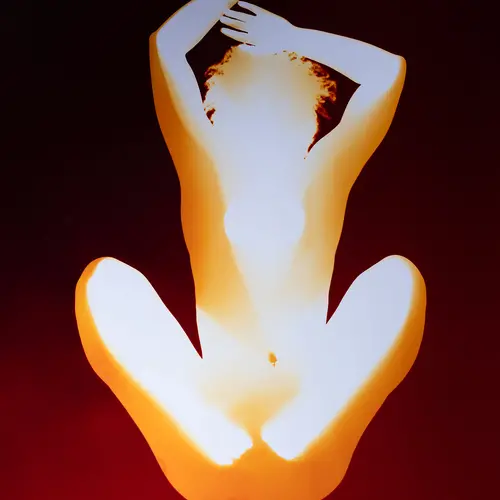 a crouching woman's figure glows white on a dark red background