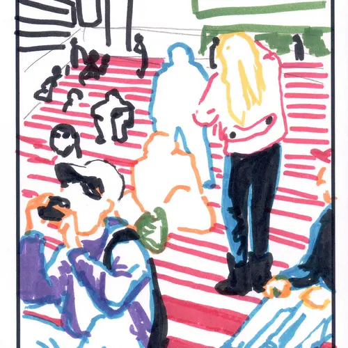 Postcard with coloured marker drawing of figures seated and standing on a red staircase.