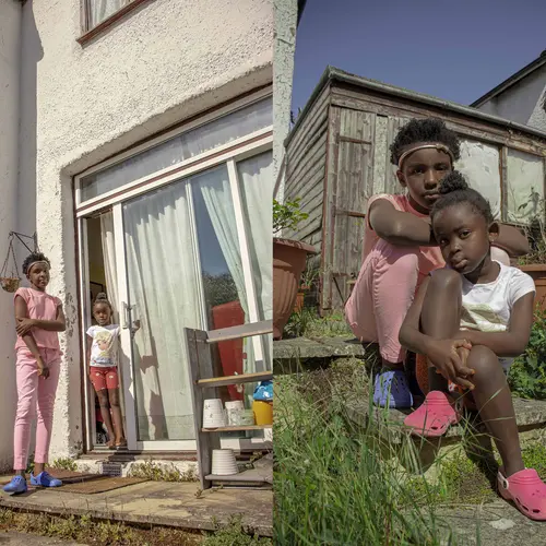 Photographs of two people in a back garden.