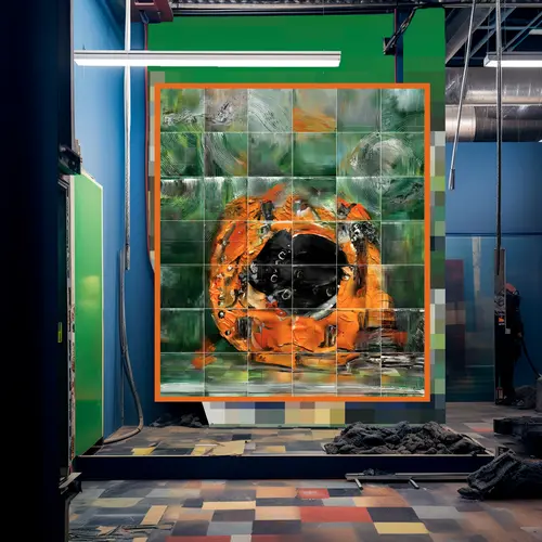 A mock up of a collapsed AI image generated from previous iterations of the Variations project. Colourful distorted images of a person stood with a camera on a tripod in front of an orange sculpture.