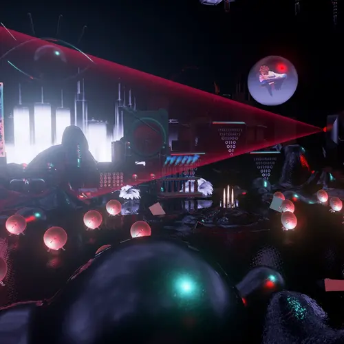 Dark 3D animated world featuring a large number of satellite dishes  