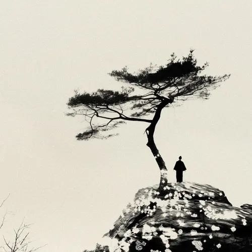 A black and white image of a small hillock with a tree growing out of it fills the foreground. A person is seen climbing the hill towards the tree.