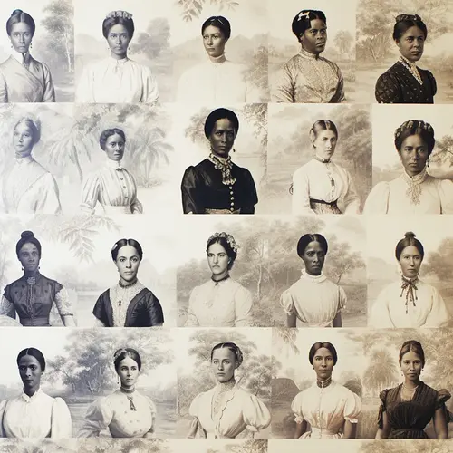A composite grid of 20 AI generated women having portraits taken against a background painting of trees.