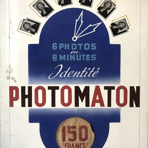 A scan of a vintage 'Photomaton' poster promoting '6 photos en 8 minutes' for 150 francs!