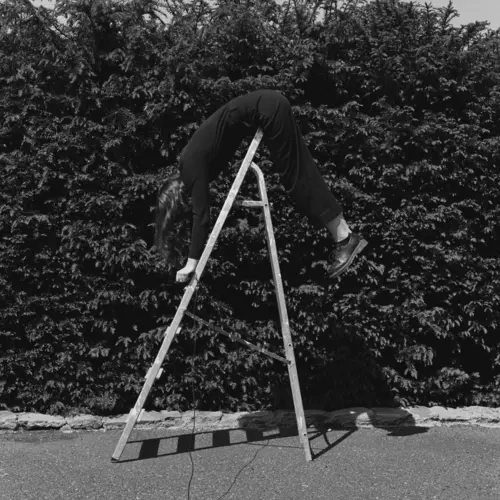 A black and white photograph of a person on a ladder.