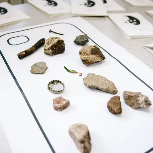 Small pebbles placed within a diagram of a mobile device