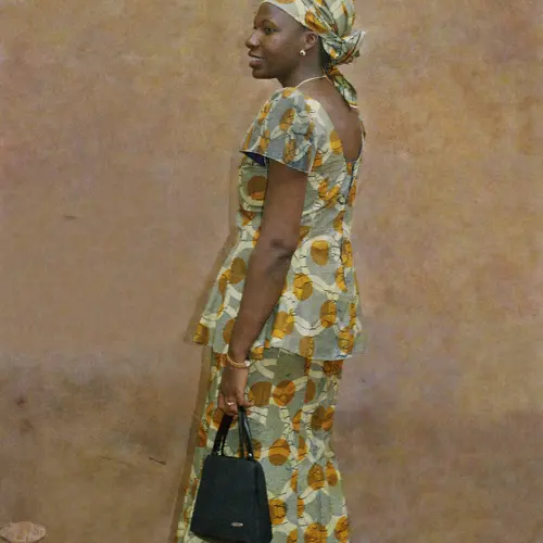 A women posed in a photography studio with green and yellow traditional clothes on.