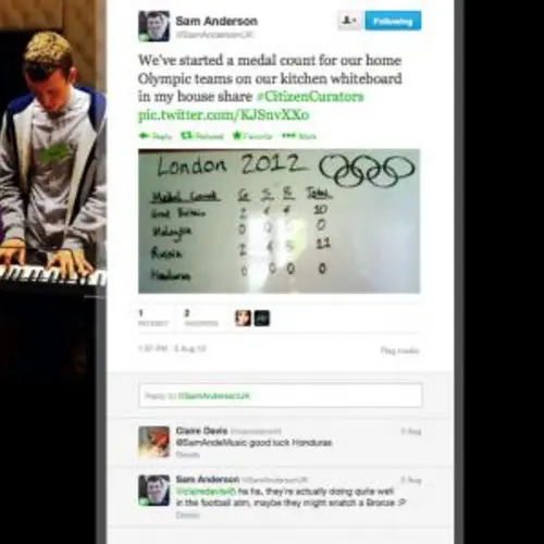 A tweet by Sam Anderson showing a board  where Olympics 2012 and a list of countries is written "We've started a medal count for our home  Olympic teams on our kitchen whiteboard in my house share #CitizenCurators
