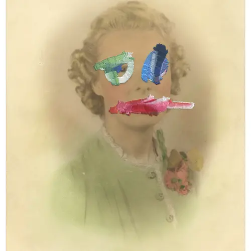 A vintage portrait of a woman with colourful thread embroidered over her features