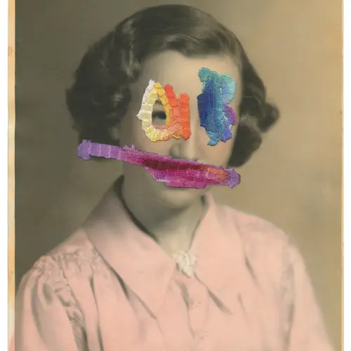 A vintage portrait of a woman with colourful thread embroidered over her features