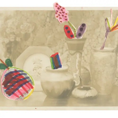 Old image of a still life scene, with colourful thread embroidered upon it