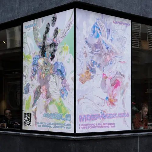 A corner window of a building is covered in vinyls depicting two computer generated avatars in light colours