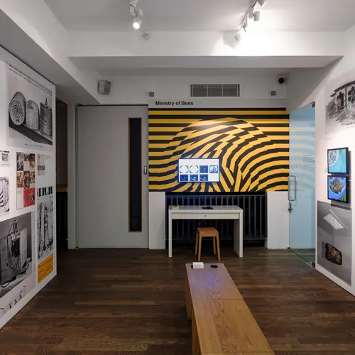 A room with vinyls, screens, images and books from an archive on beekeeping
