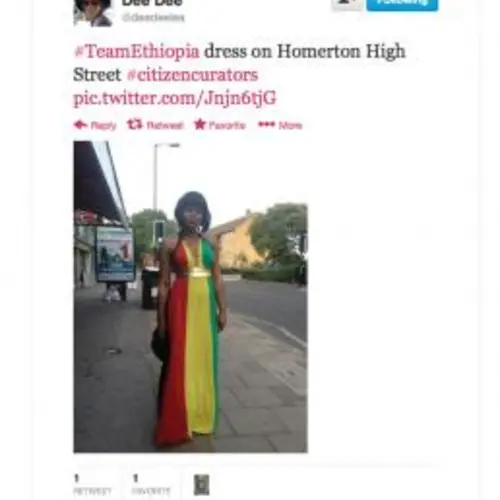 A tweet by Dee Dee "#TeamEthiopia dress on Homerton  High Street #citizencurators" A photograph of a woman wearing a dress with the colours of the Ethiopian flag