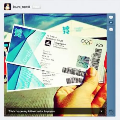 A photograph posted online by Laura Scott showing entry tickets for the olympics  "This is happening #citizencurators #olympics"