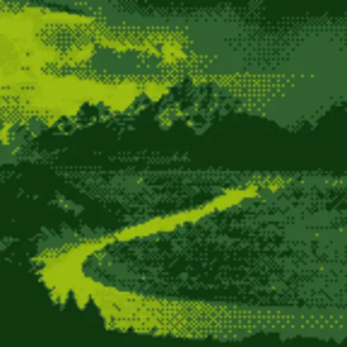 A green toned and pixelated landscape photograph of a river leading to mountains