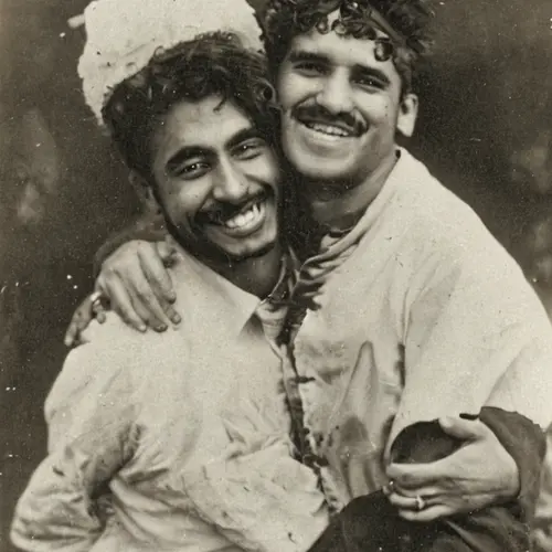 A black and white AI image of two people embracing and smiling at the camera