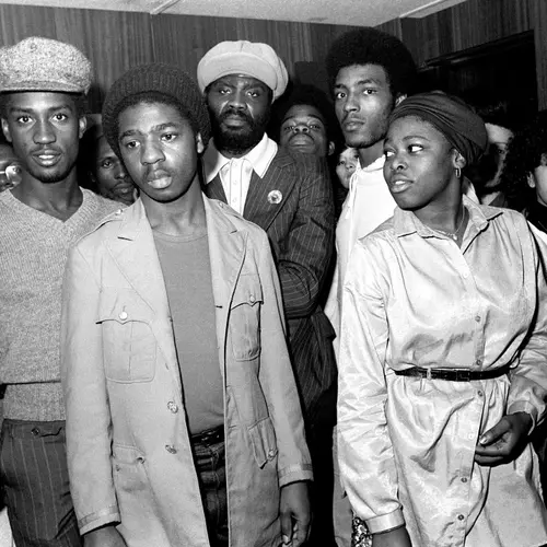 Black and white photograph of a group of young people