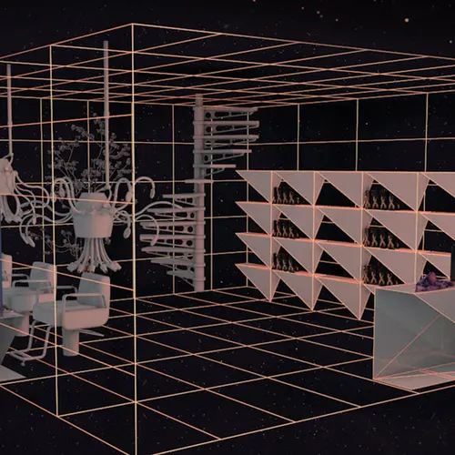 A light mesh of a hairdresser's room, in a 3D grid, against a black background
