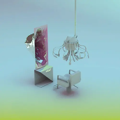 A blue-green rendering of a hairdresser's chair before a mirror in an empty space, with a device of many curved tubes hanging above it, with the letters NSAF in the corner