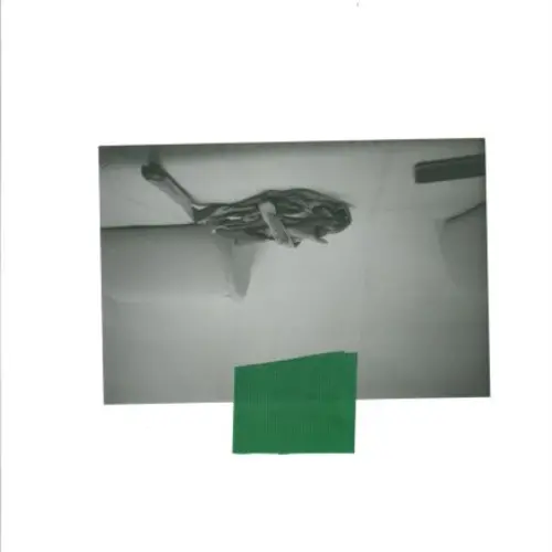 A black and white image of a small unidentified object, held to a bigger white background with a small tab of green tape