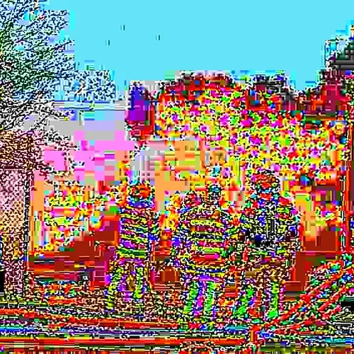 A very colourfully glitched and pixelated photograph of three firefighters in front of a fire