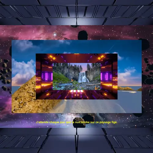 A large hanging screen shows superimposed videos on top of each other in layers, including a waterfall on the top layer, and asteroids in the bottom layer   