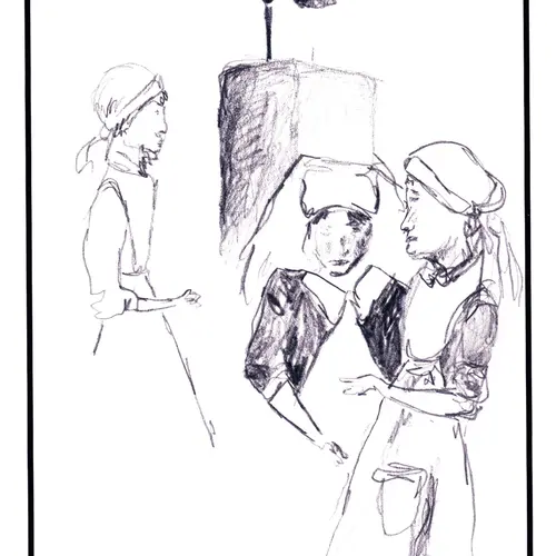postcard with drawing of nurses with patient