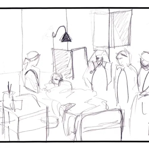 postcard with drawing of nurses with patient