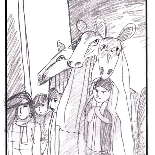 postcard with drawing of children in horse costumes