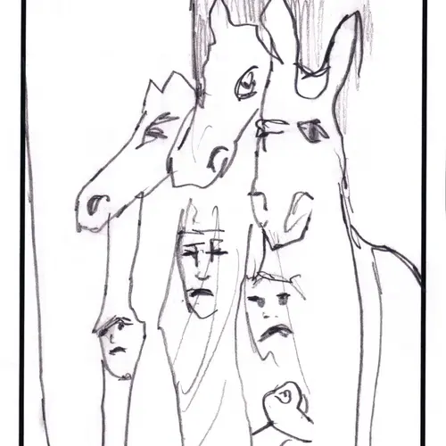 postcard with drawing of children in horse costumes