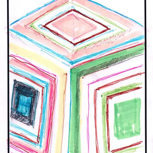 Postcard of a drawing of a cube with concentric, coloured lines on each side.