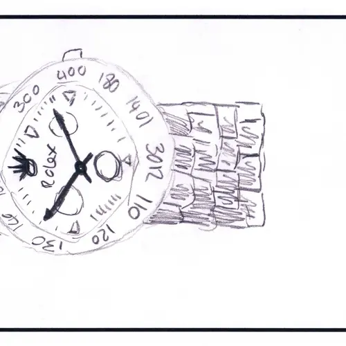 Postcard with pencil drawing of a watch.