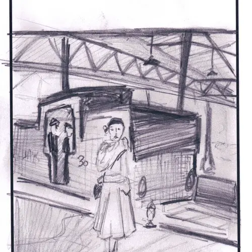 Postcard of a drawing of a woman standing in front of a train.