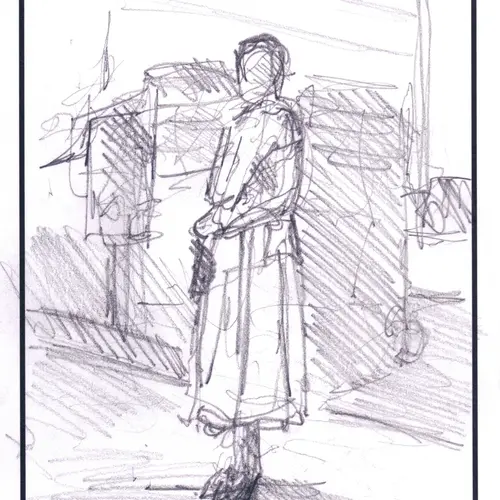 Postcard with drawing of a woman in front of a train