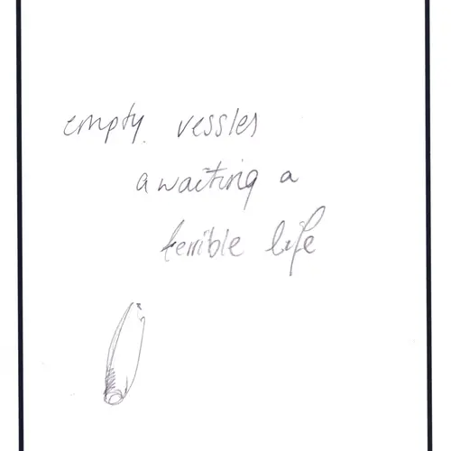 Postcard with writing and drawing of a single bomb shell