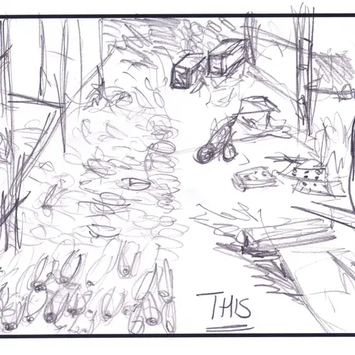 Postcard with drawing of piled bomb shells in a warehouse